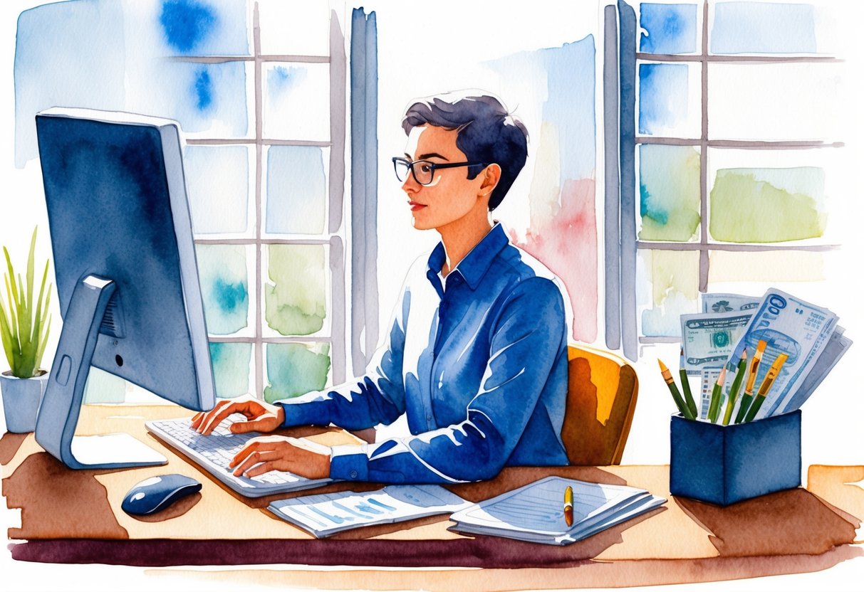 A person working at a desk with a computer, while also having a rental property and investing in stocks