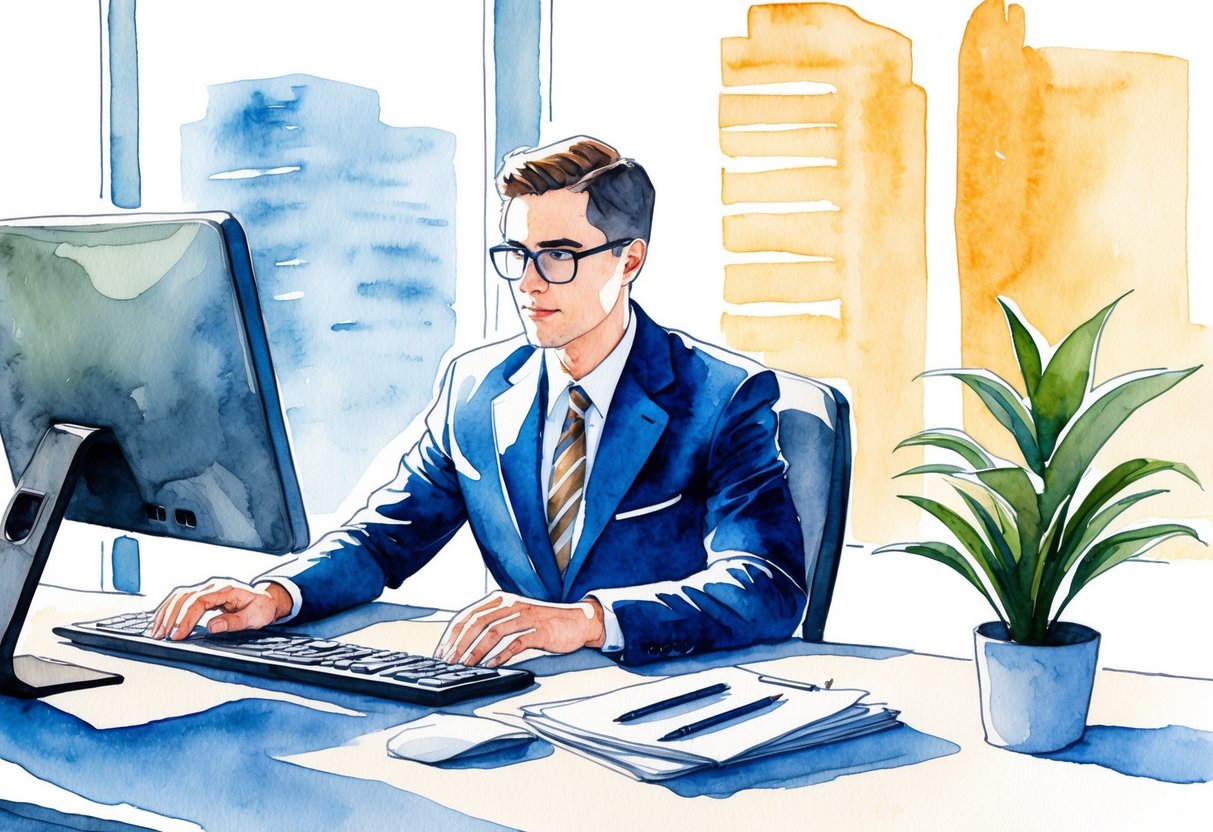 A person in a suit working at a desk with a computer, while also owning a rental property and investing in stocks