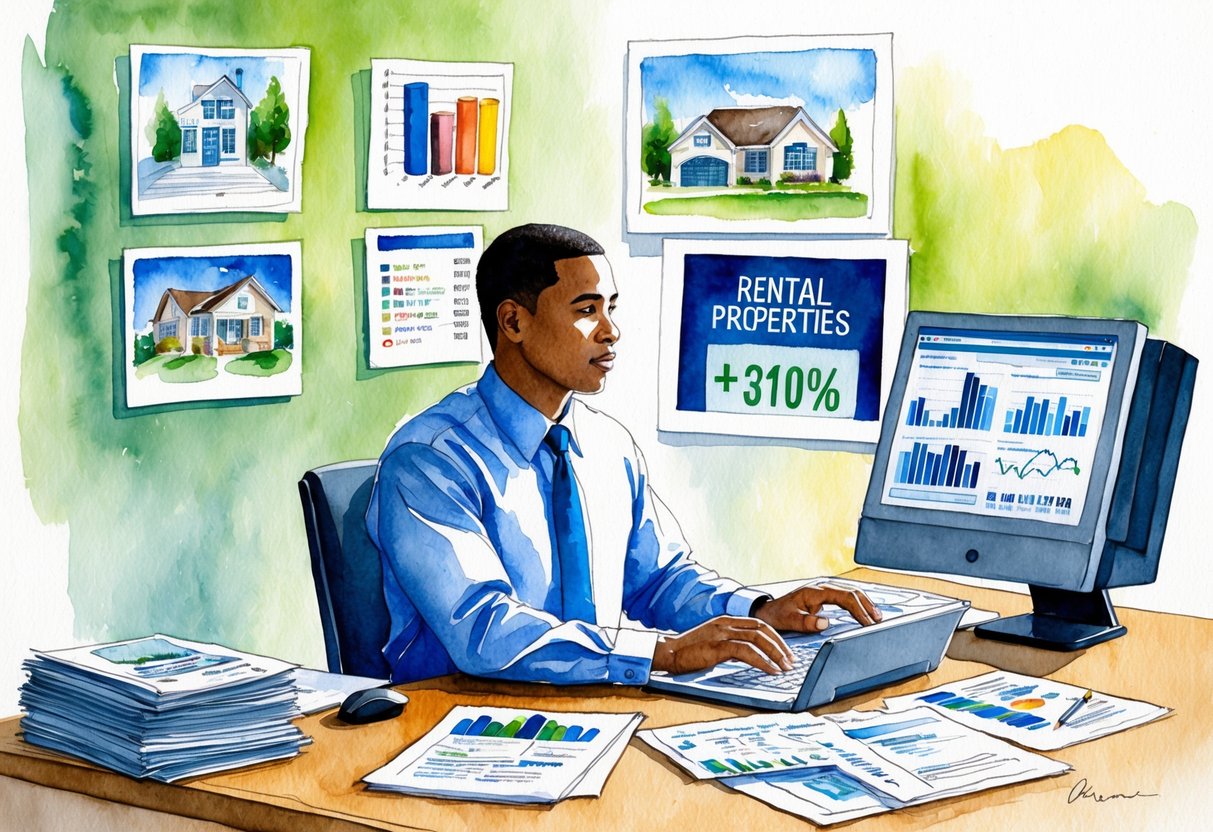 A person sitting at a desk, surrounded by financial documents and a computer, with images of real estate, stocks, and rental properties on the wall