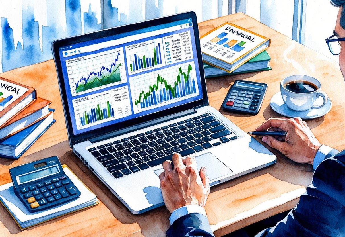 A laptop displaying investment charts and graphs, surrounded by financial books and a calculator. A cup of coffee sits nearby as the investor strategizes