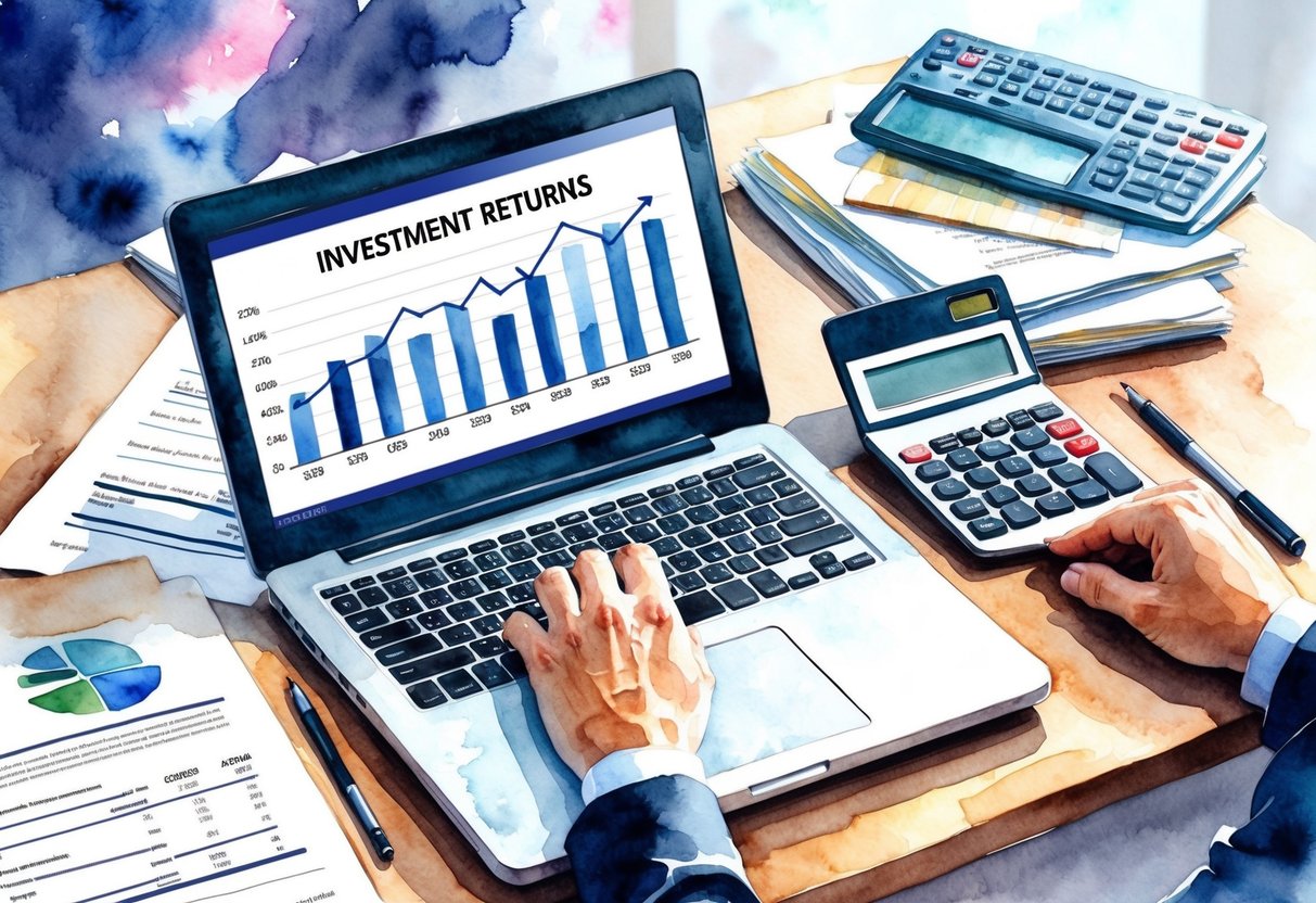 A laptop displaying a graph of investment returns, surrounded by financial documents and a calculator