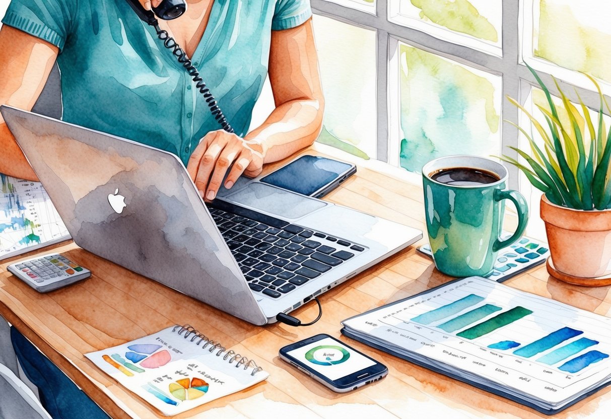 A cozy home office with a laptop, coffee mug, and financial charts on the desk. A person multitasking between phone calls and working on a side hustle project