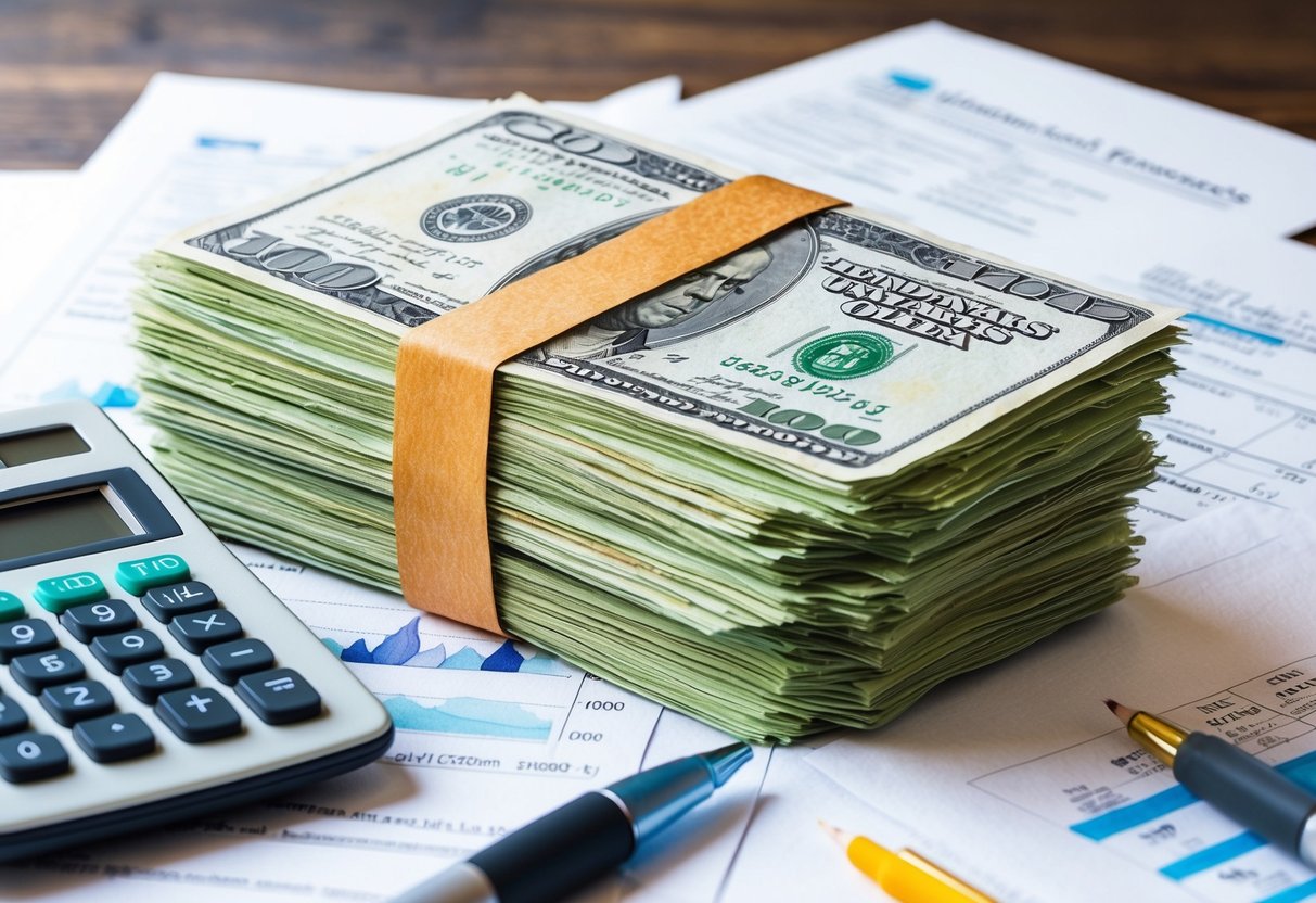 A stack of dollar bills surrounded by financial documents and a calculator