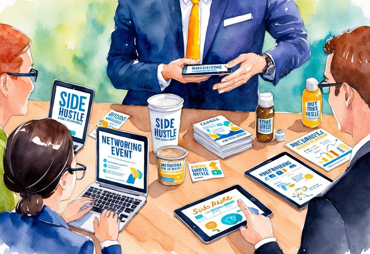 A person at a networking event, surrounded by various side hustle products and marketing materials, engaging with potential clients and partners
