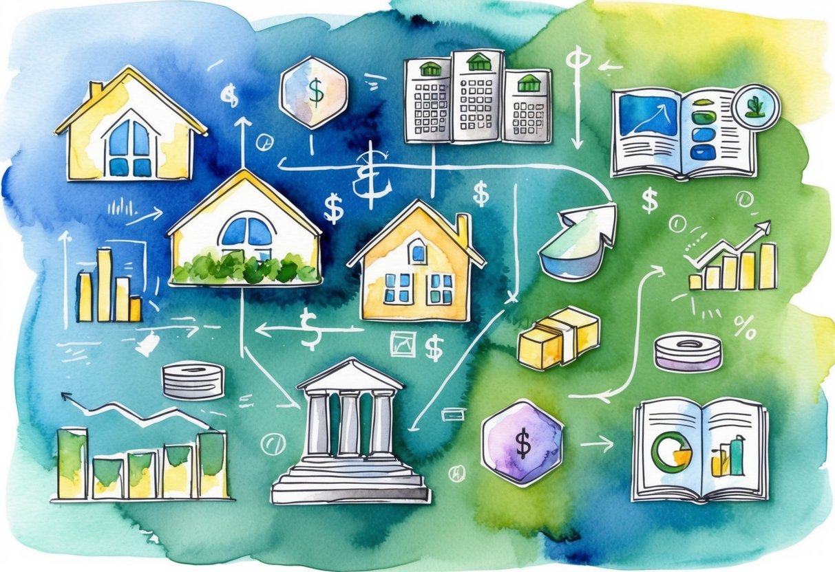 A diverse portfolio of investment opportunities, including real estate, stocks, and bonds, is depicted through a combination of symbols and visual representations