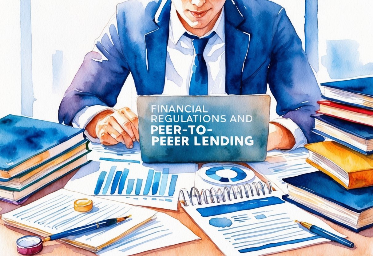 A person researching financial regulations and peer-to-peer lending, surrounded by books, papers, and a laptop
