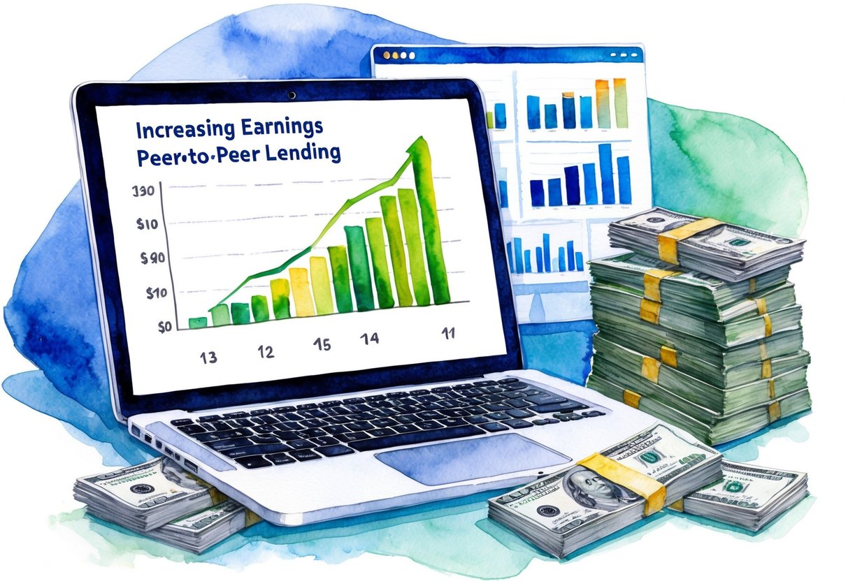 A laptop displaying a graph of increasing earnings from peer-to-peer lending, surrounded by financial charts and a stack of cash