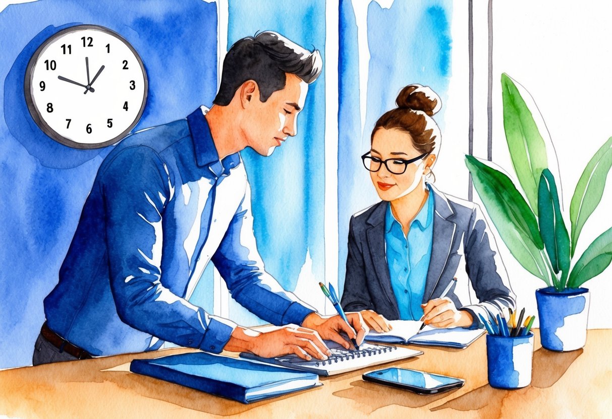 A person working at a desk with a clock showing 5 o'clock, while another person is pursuing alternative income sources like freelancing or entrepreneurship