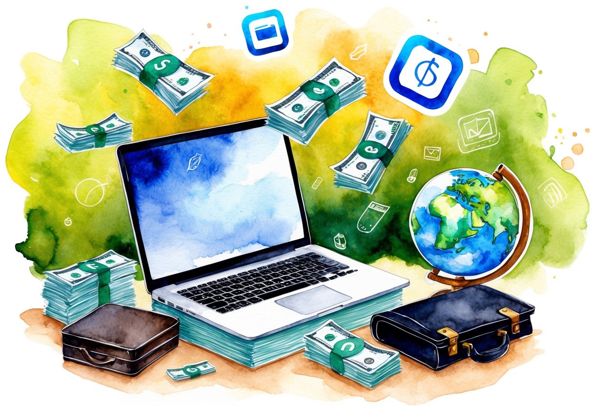 A laptop surrounded by stacks of money, a briefcase, and a globe, with digital icons floating in the air