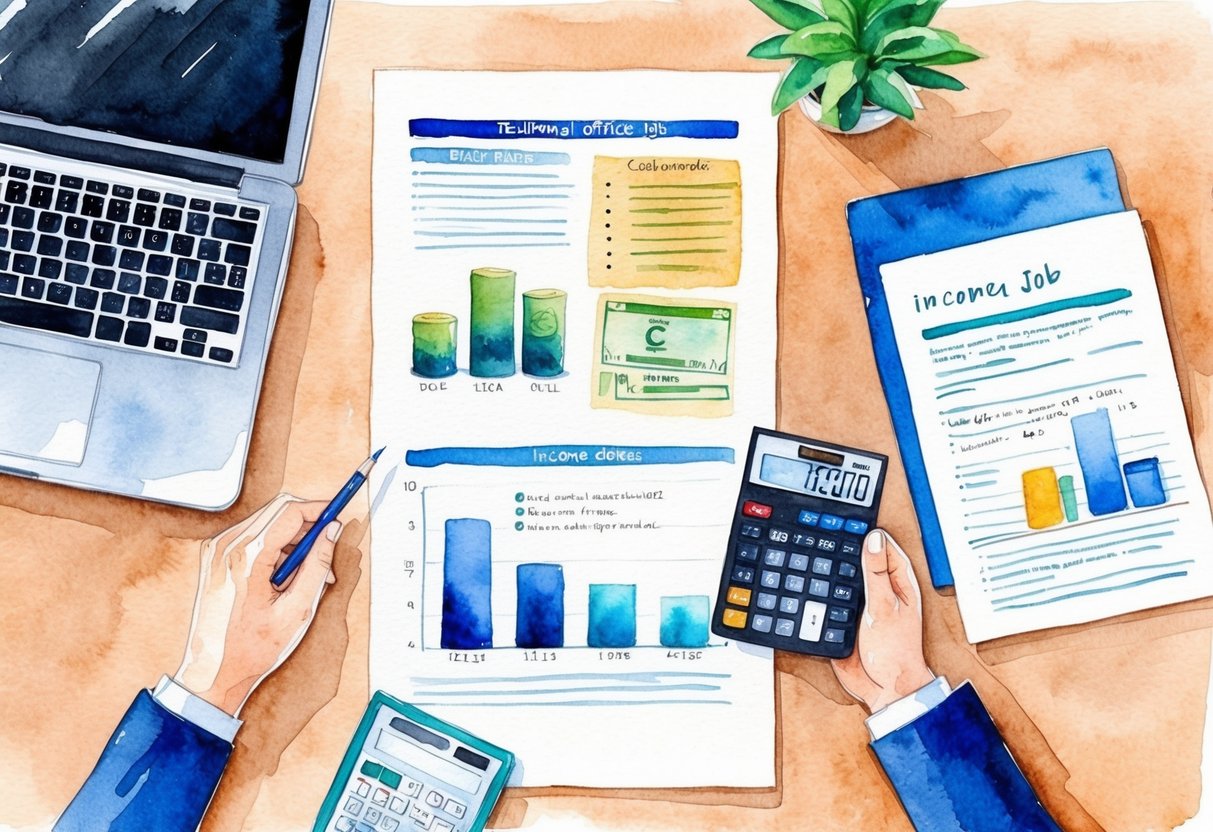 A desk with a laptop, calculator, and financial documents. A pathway splitting from a traditional office job to various income sources