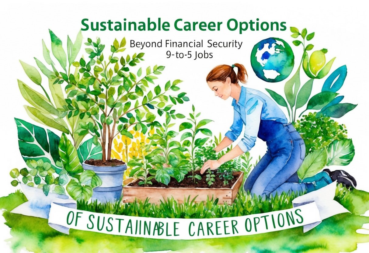 A person tending to a thriving garden surrounded by a diverse array of sustainable career options, symbolizing financial security beyond traditional 9-to-5 jobs