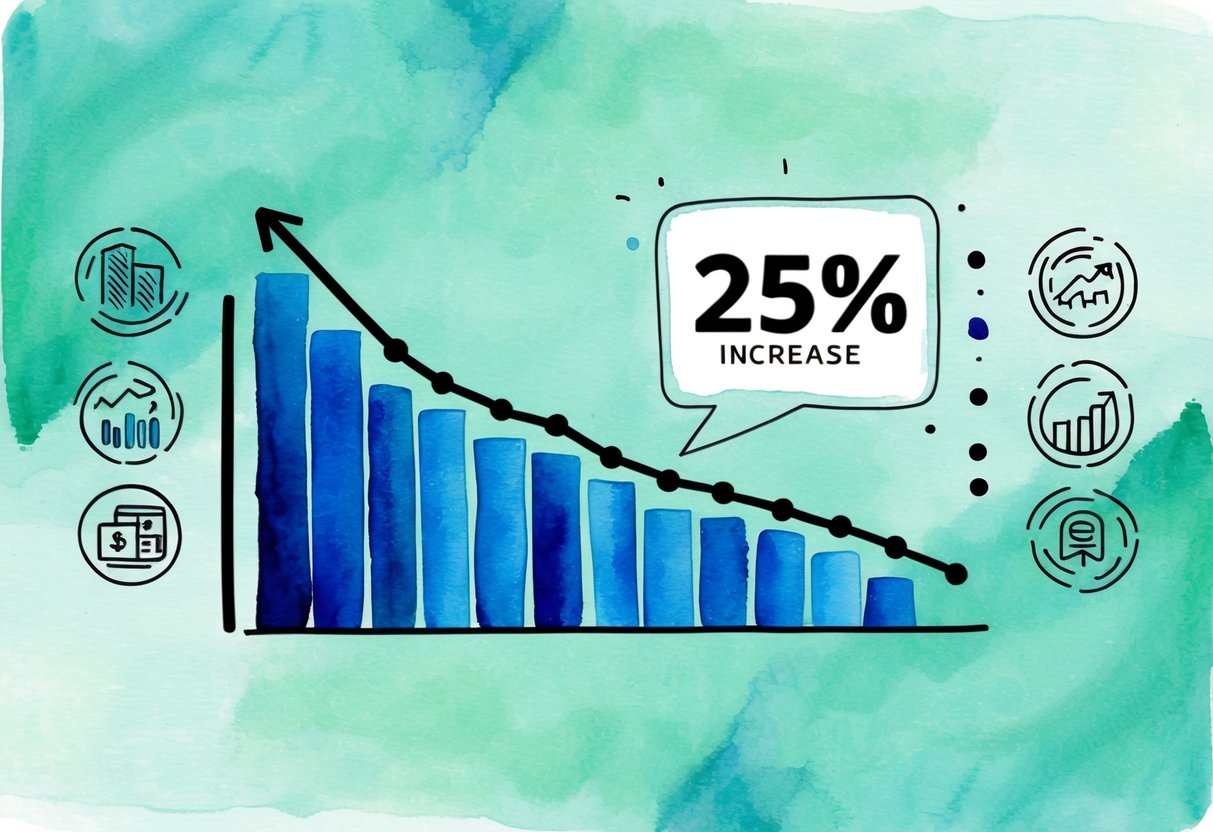 A graph showing a steady upward trend with a 25% increase highlighted over a 6-month period. Icons representing various investment opportunities surround the graph