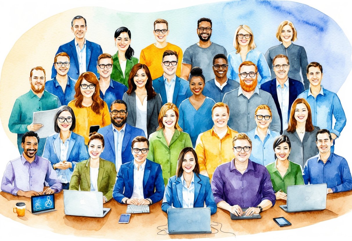 A diverse group of people engaged in various non-traditional work activities, such as freelancing, entrepreneurship, and remote work, with a focus on technology and innovation