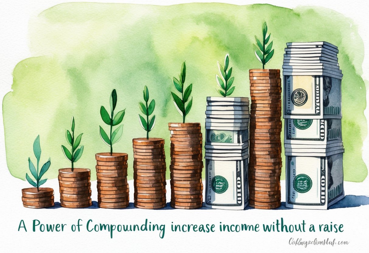 A stack of coins and dollar bills growing in size and quantity over six months, symbolizing the power of compounding to increase income without a raise