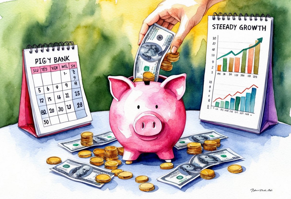 A piggy bank being filled with coins and bills, surrounded by a calendar and financial charts showing steady growth