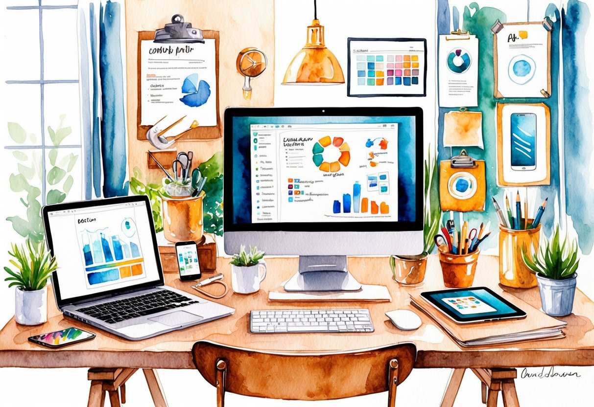 A cozy home office with a computer, tablet, and smartphone surrounded by creative tools and inspiration for digital product development