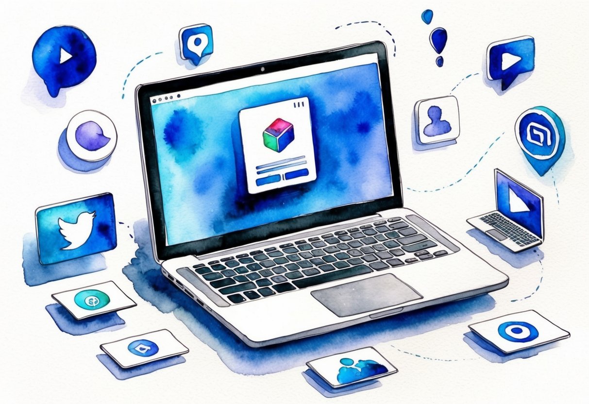 A laptop with a digital product on the screen, surrounded by branding and marketing materials such as logos, social media icons, and product mock-ups