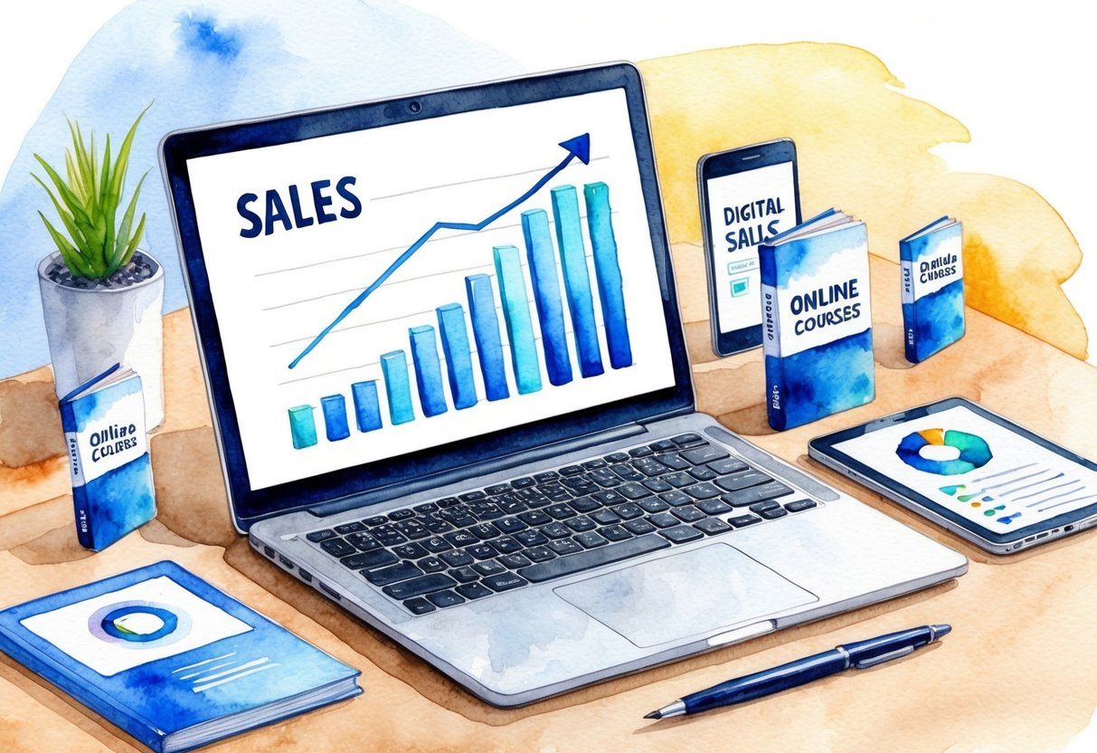 A laptop displaying a graph of increasing sales, surrounded by digital products such as e-books, online courses, and software