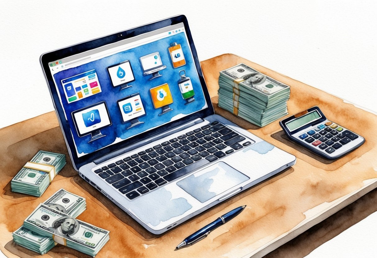 A laptop open on a desk with various digital products displayed on the screen, surrounded by a stack of cash and a calculator