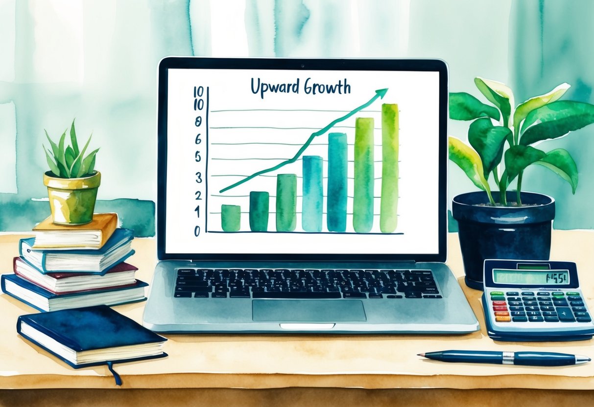 A laptop on a desk with a stack of books, a calculator, and a plant nearby. A chart showing upward growth is displayed on the screen