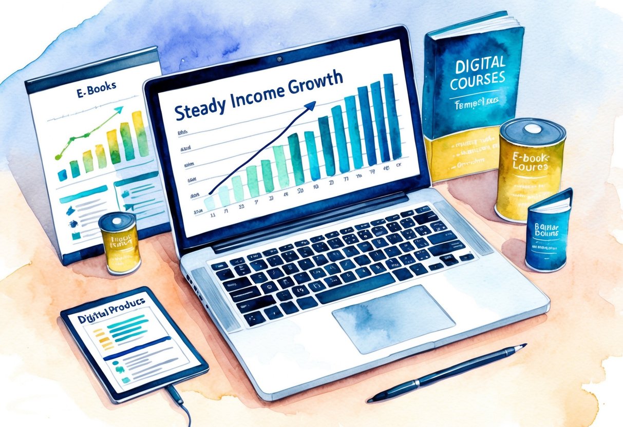 A laptop with a graph showing steady income growth, surrounded by various digital products such as e-books, courses, and templates