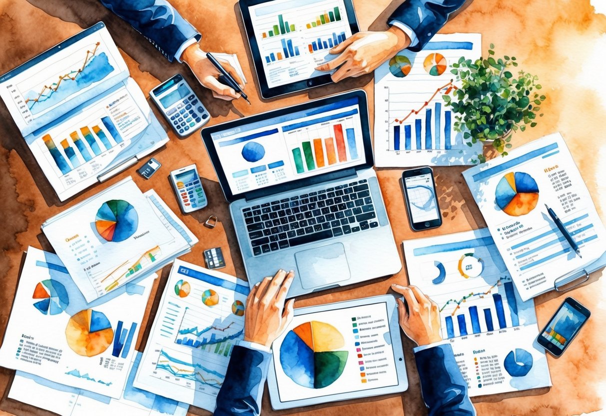 A clutter-free desk with a laptop, tablet, and smartphone surrounded by charts, graphs, and financial documents
