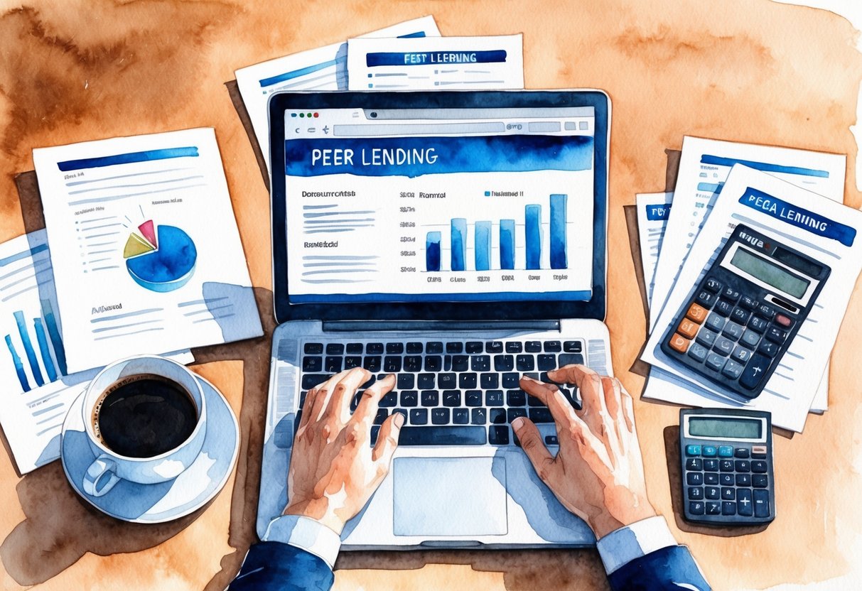 A laptop open on a desk, surrounded by financial documents and a calculator. A cup of coffee sits nearby as the user researches peer lending