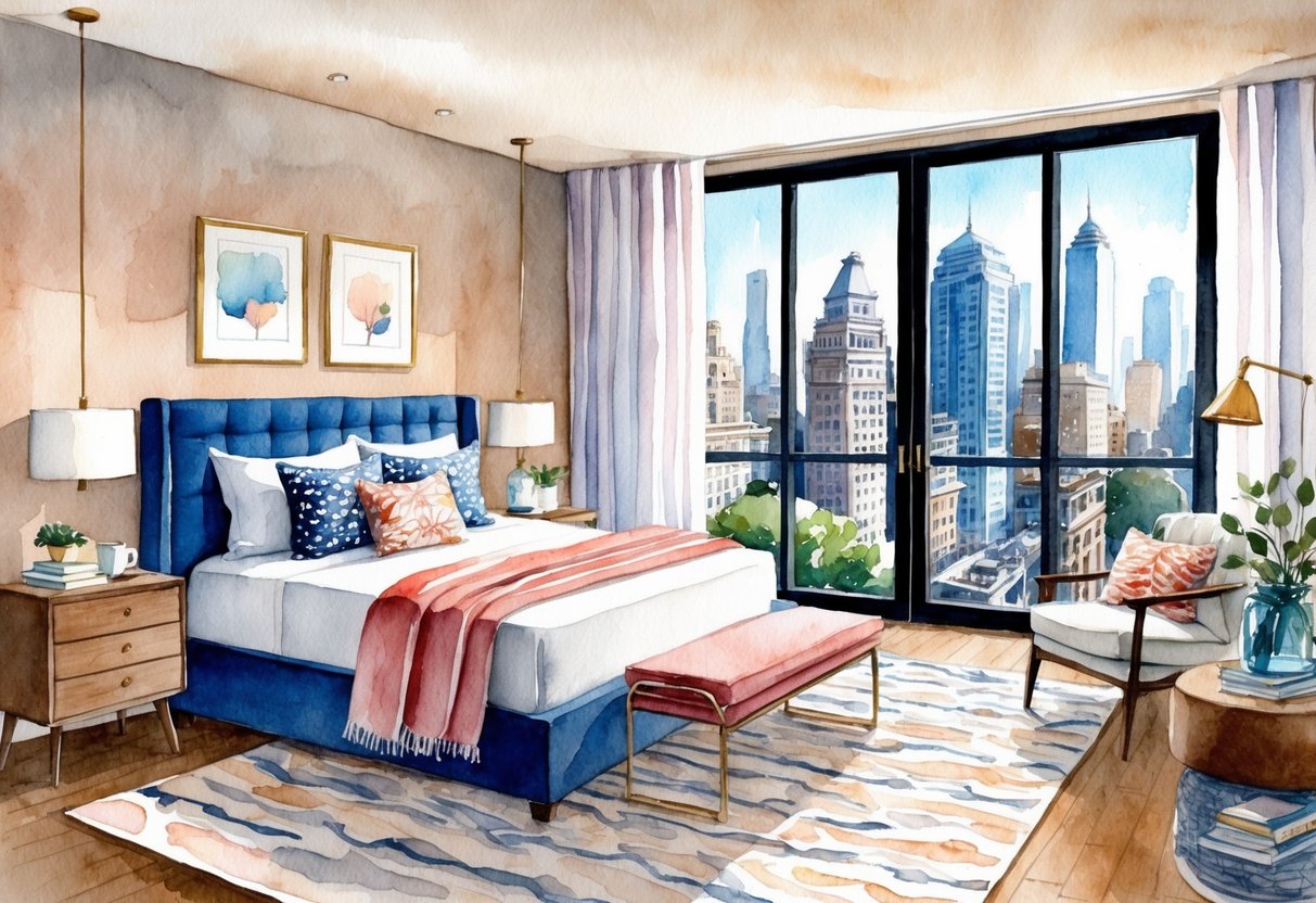 A cozy spare room with a comfortable bed, stylish decor, and modern amenities, surrounded by a bustling cityscape
