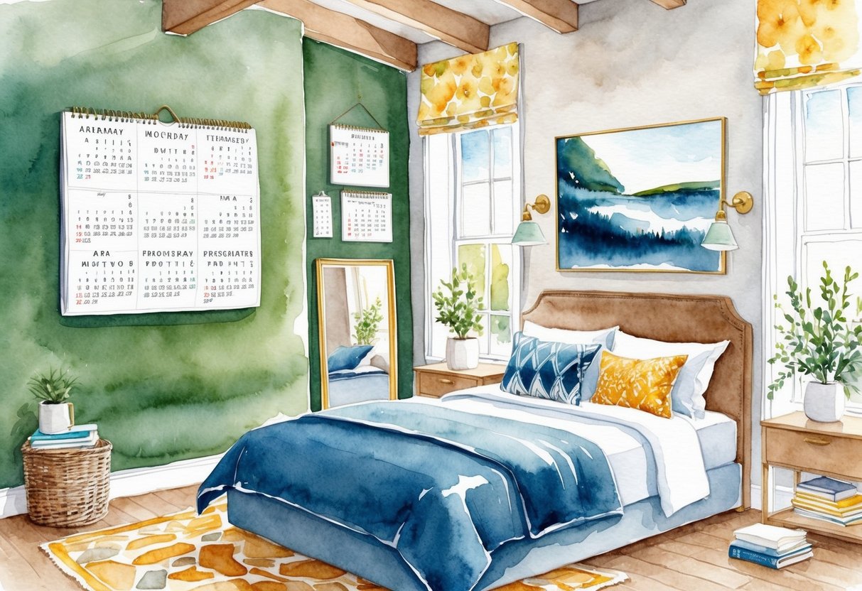 A cozy spare room with a comfortable bed, stylish decor, and a welcoming atmosphere. A calendar on the wall shows bookings for each day of the month