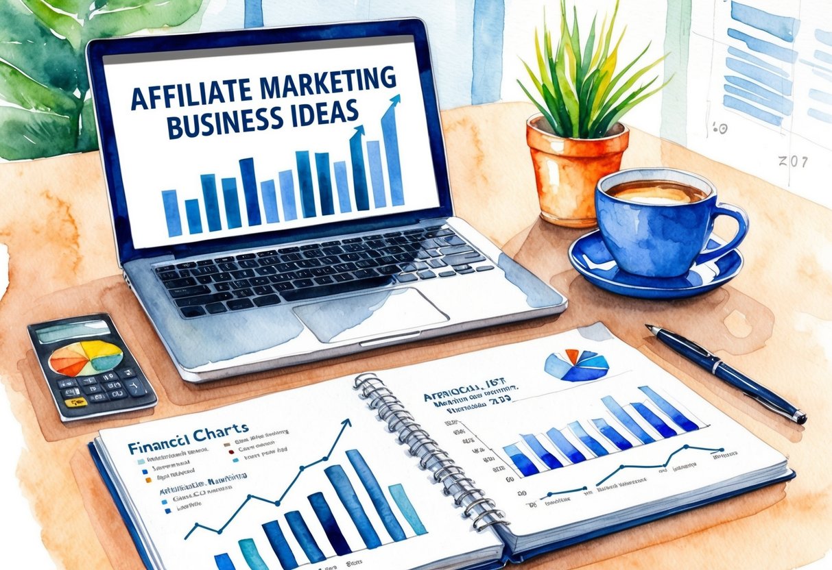 A laptop, coffee cup, and financial charts on a desk with a "Affiliate Marketing Business Ideas" book open