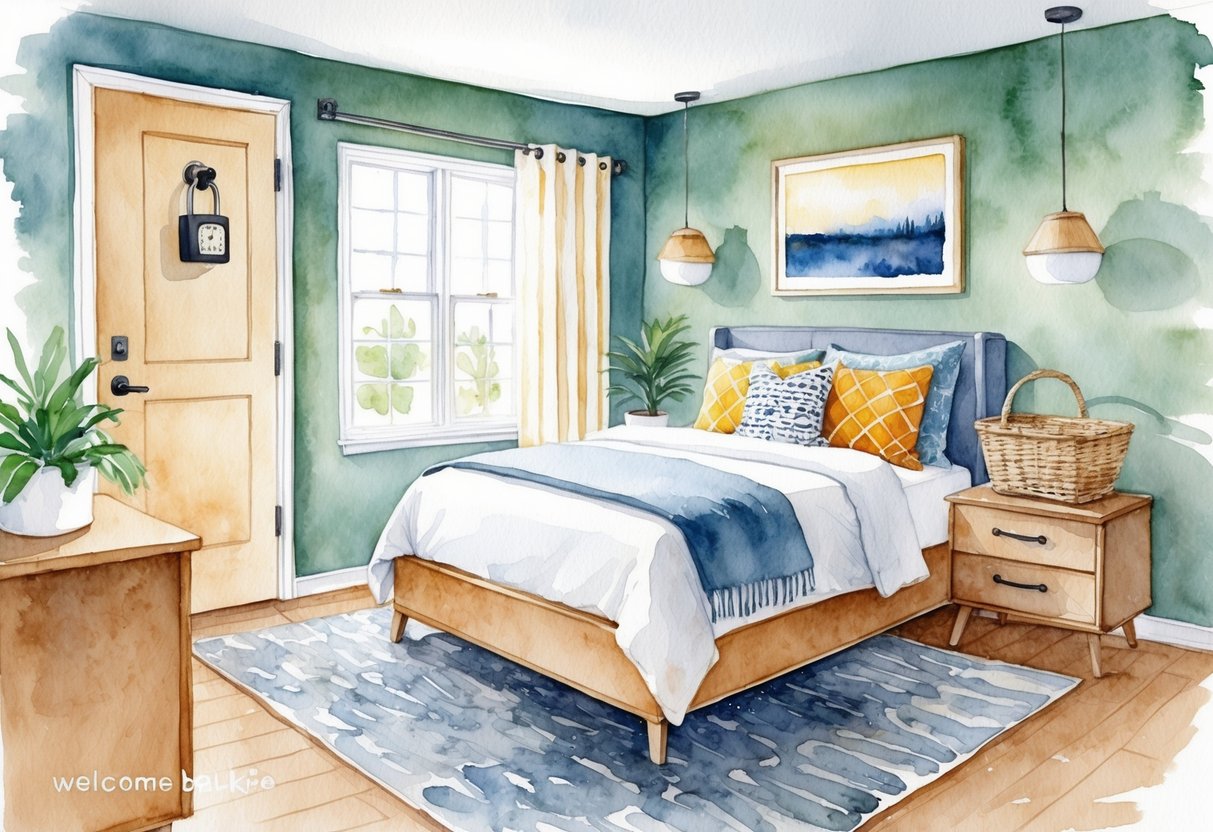 A cozy spare room with a comfortable bed, desk, and modern decor. A key lockbox hangs on the door, and a welcome basket sits on the nightstand