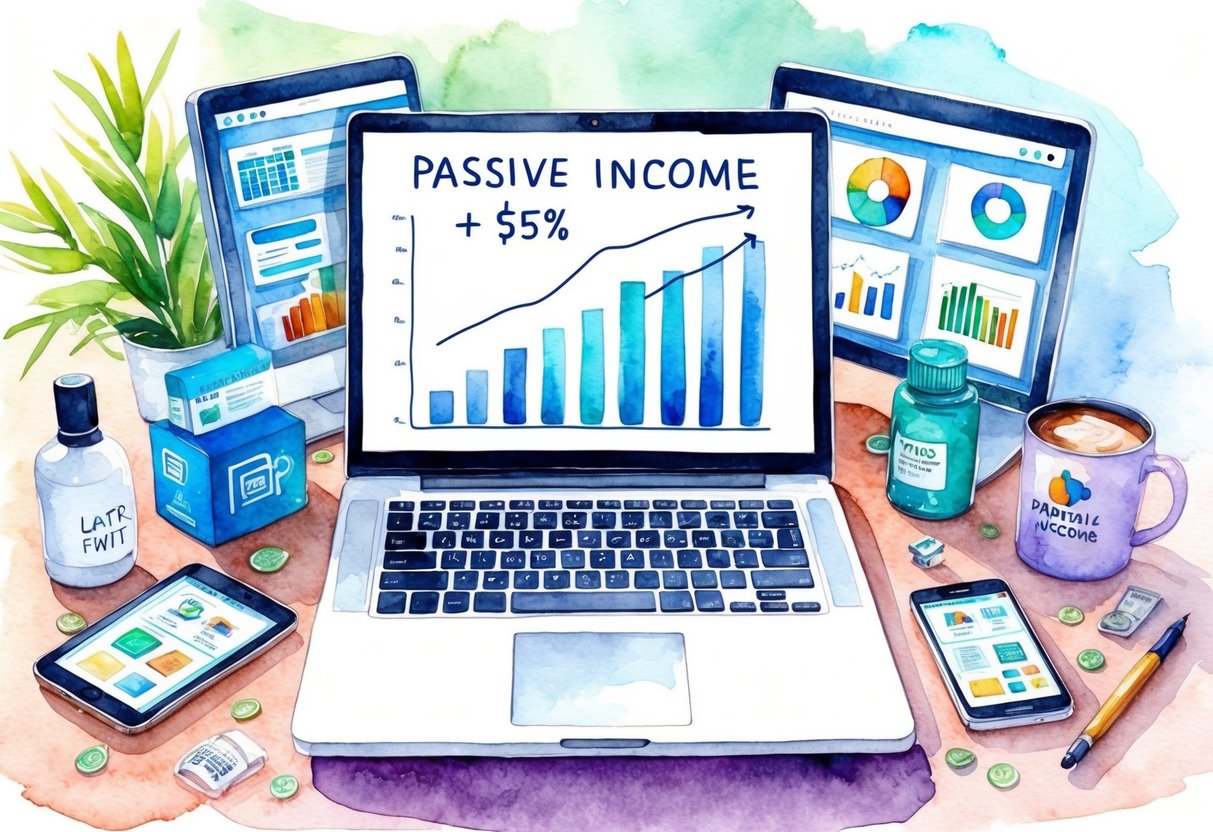 A laptop surrounded by various digital and physical products, with a graph showing increasing passive income over time