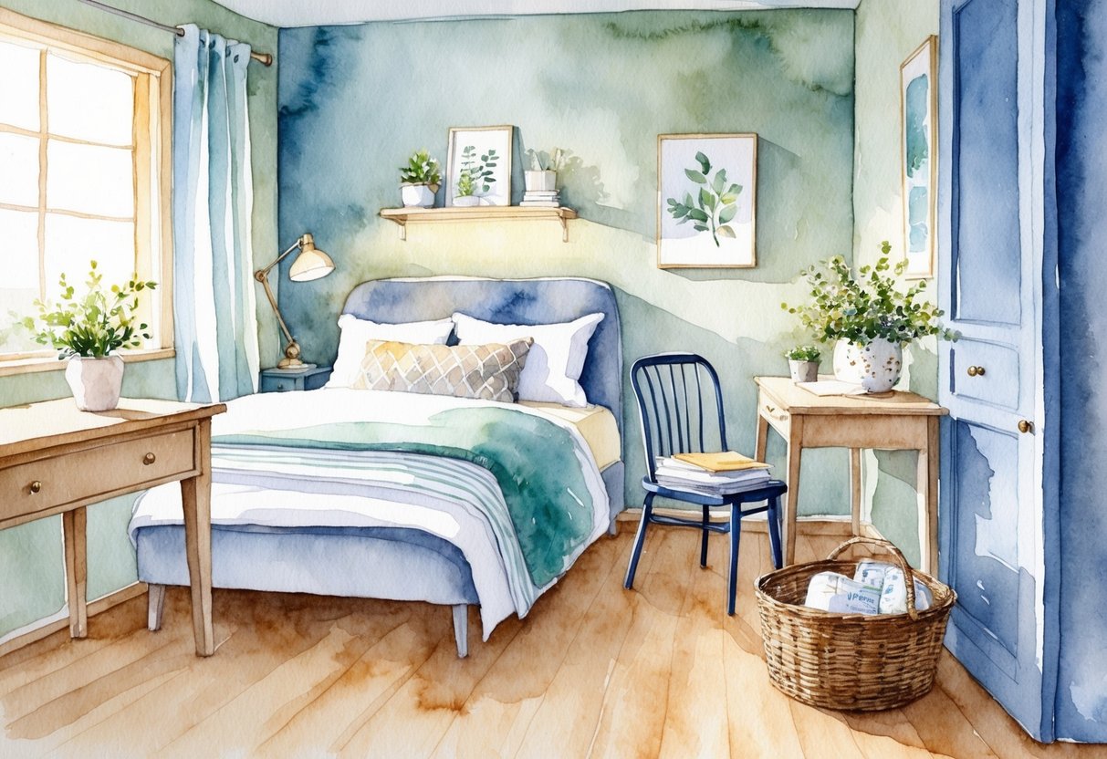 A cozy spare room with a comfortable bed, soft lighting, and thoughtful decor. A small desk and chair provide a workspace, while a basket of amenities adds a personal touch