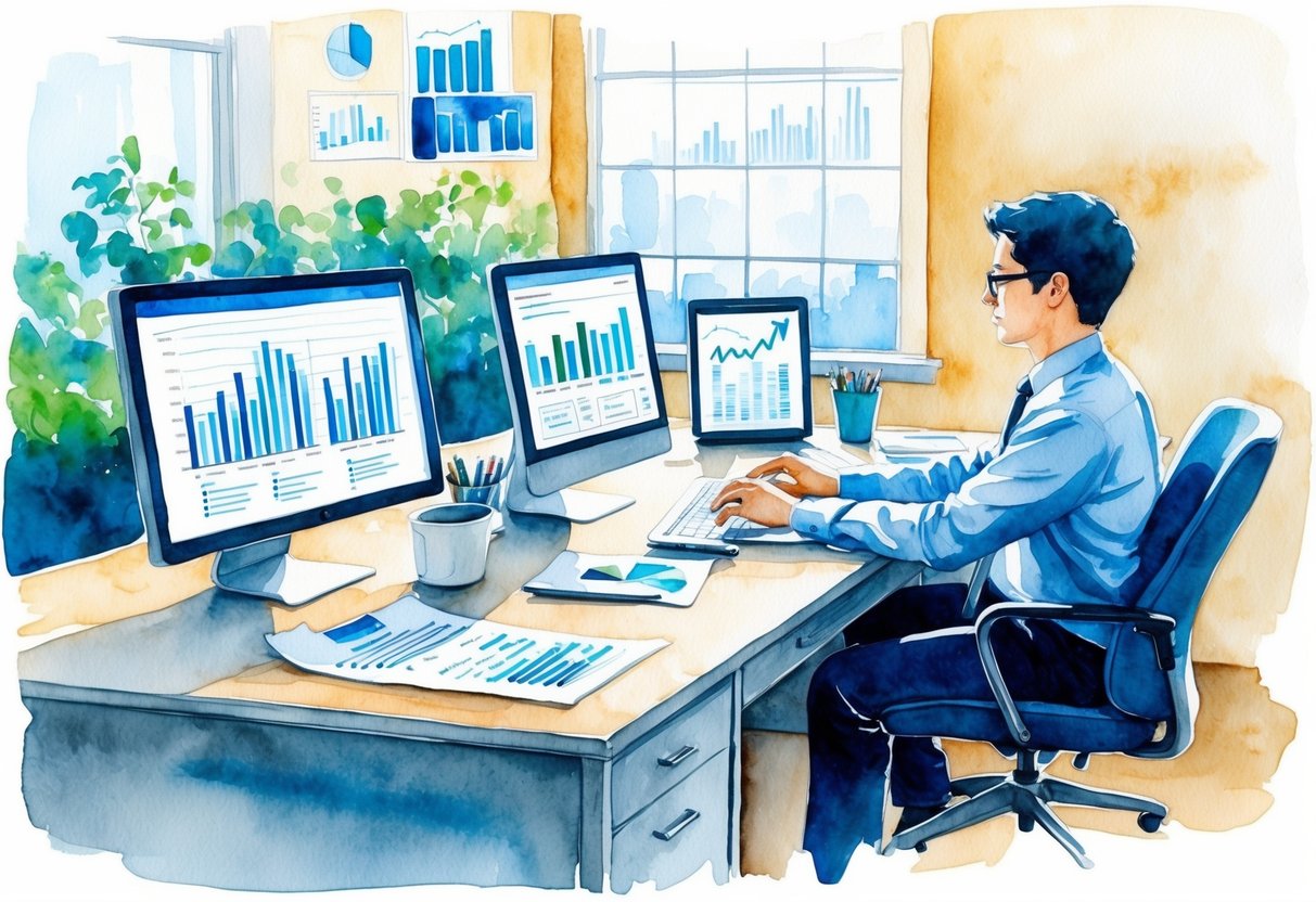 A tranquil office setting with a desk, computer, and financial charts. A person is seen analyzing investment opportunities and brainstorming business ideas
