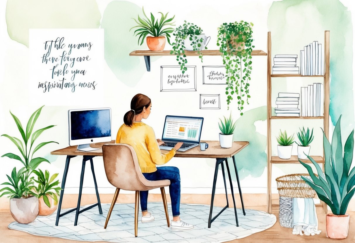 A cozy home office with a desk, computer, and bookshelf. A person is working on a laptop, surrounded by plants and inspirational quotes on the wall