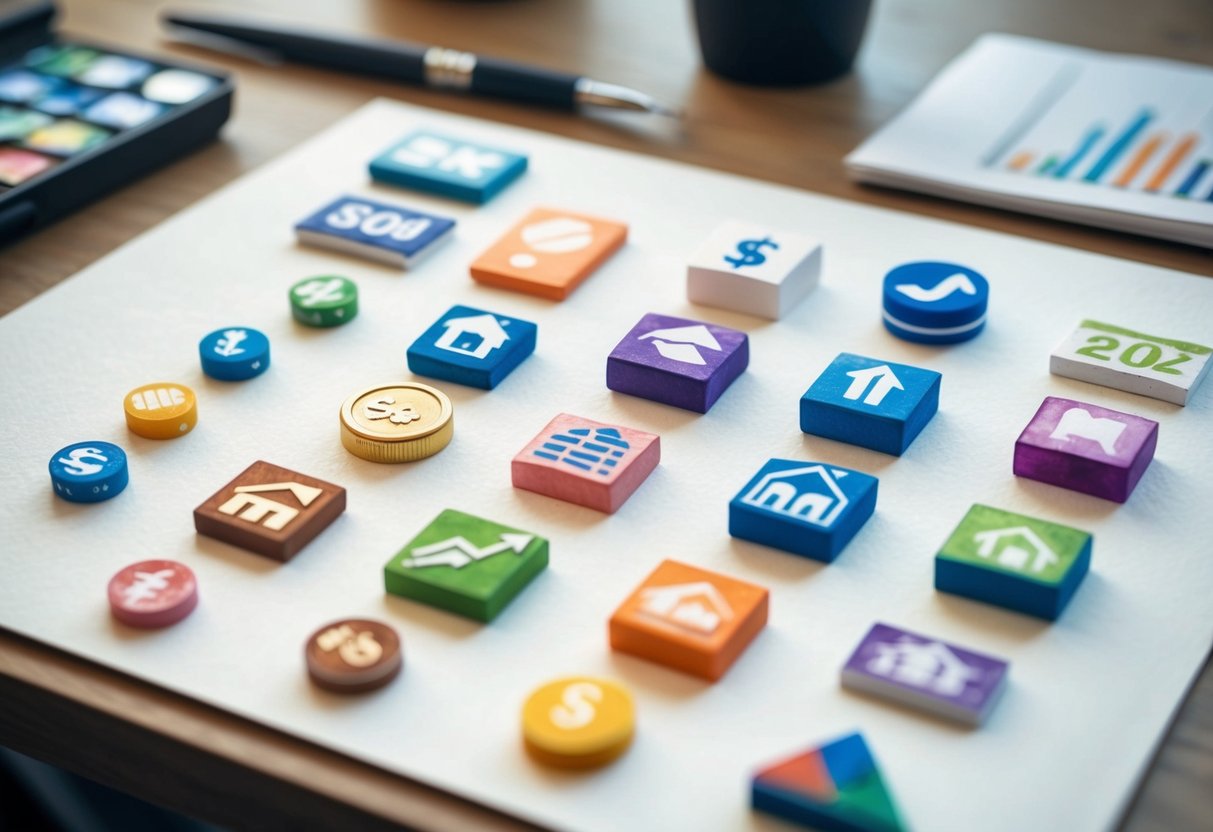 A diverse collection of small investment symbols and assets arranged on a table, including stocks, bonds, real estate, and other financial instruments