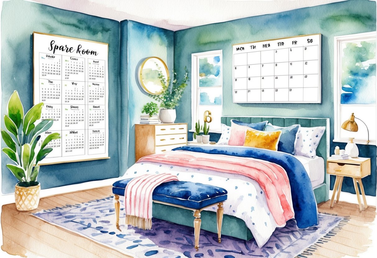 A cozy spare room with a comfortable bed, stylish decor, and a welcoming atmosphere. A calendar on the wall shows bookings for each day of the month