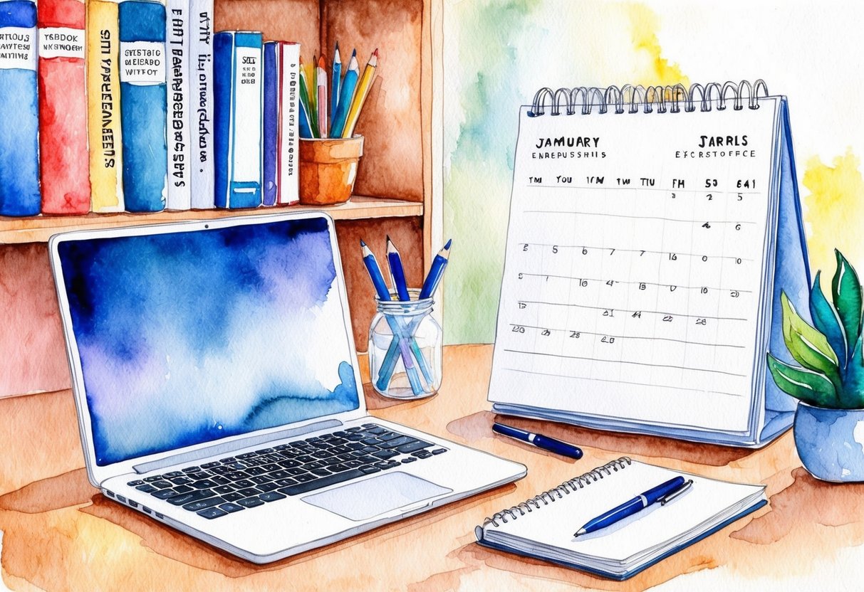 A cozy home office with a laptop, notebook, and pen. A shelf filled with books on entrepreneurship and finance. A calendar marked with important dates