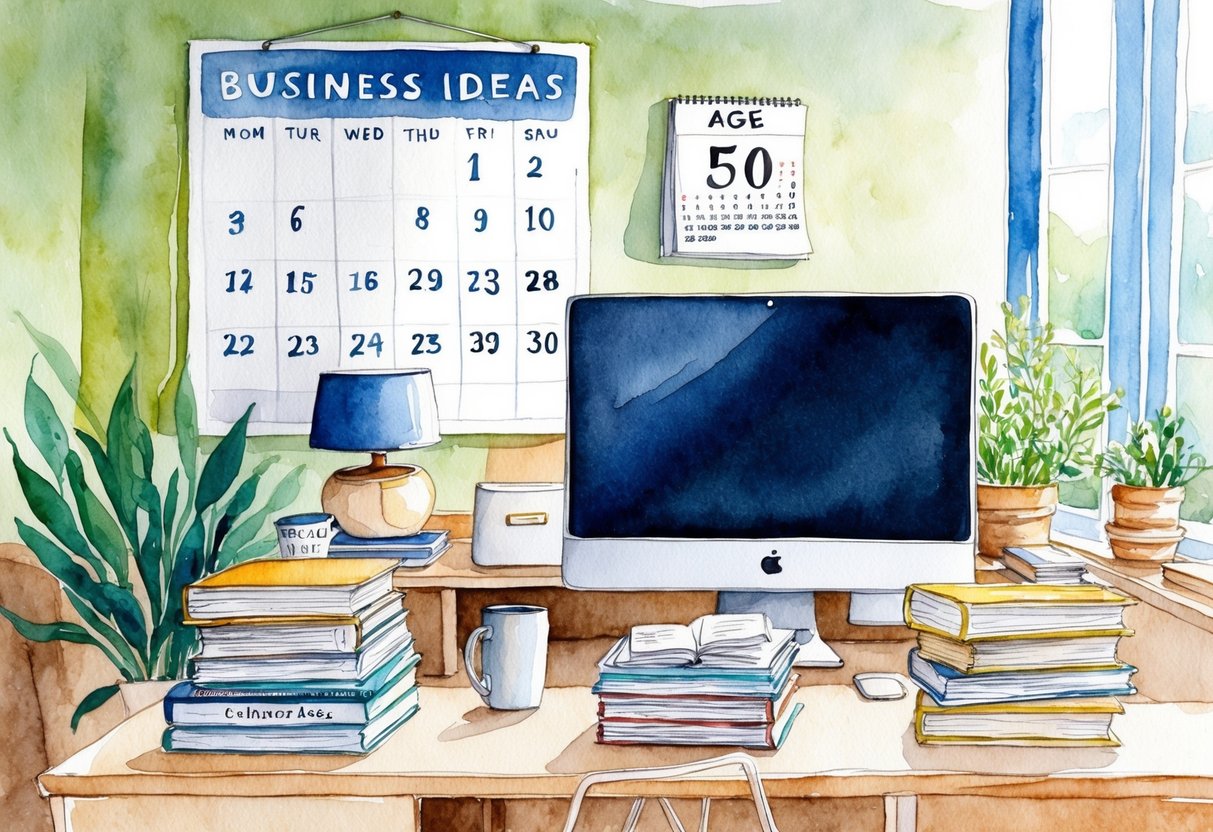 A cozy home office with a desk, computer, and a stack of books on business ideas. A calendar on the wall shows the progression towards age 50
