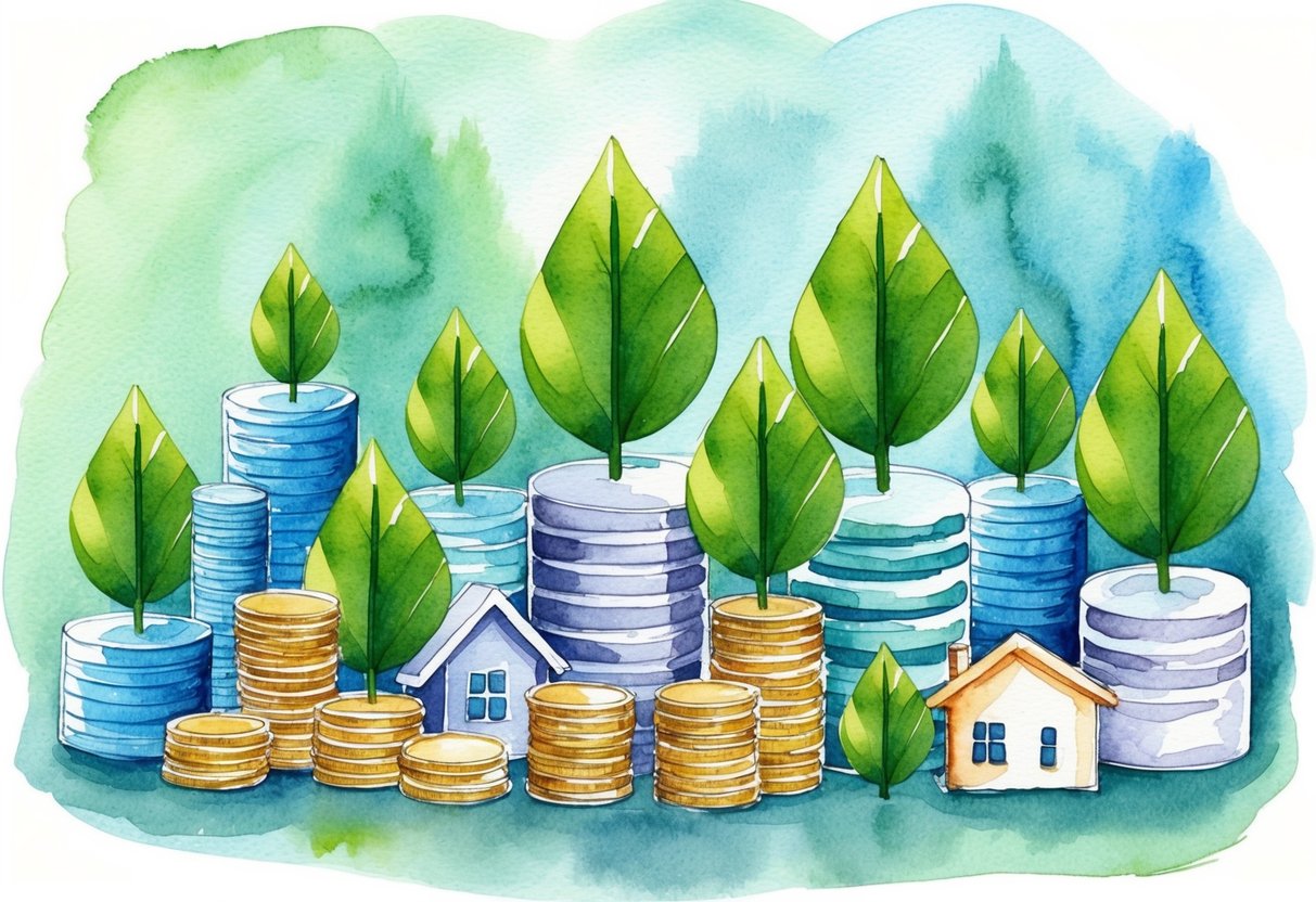 A diverse array of investments growing and generating income, such as stocks, real estate, and dividends, with a sense of financial security and stability