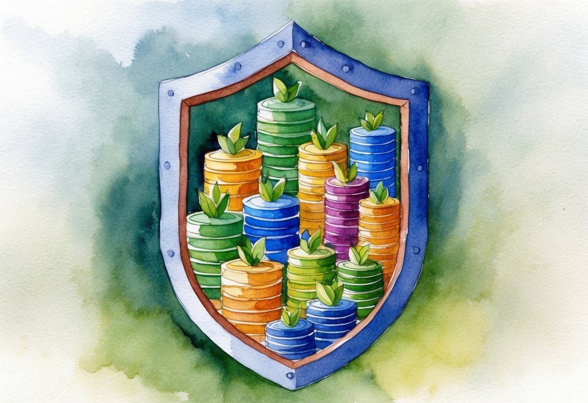 A diverse array of small investments growing and multiplying, surrounded by a protective shield symbolizing security and growth