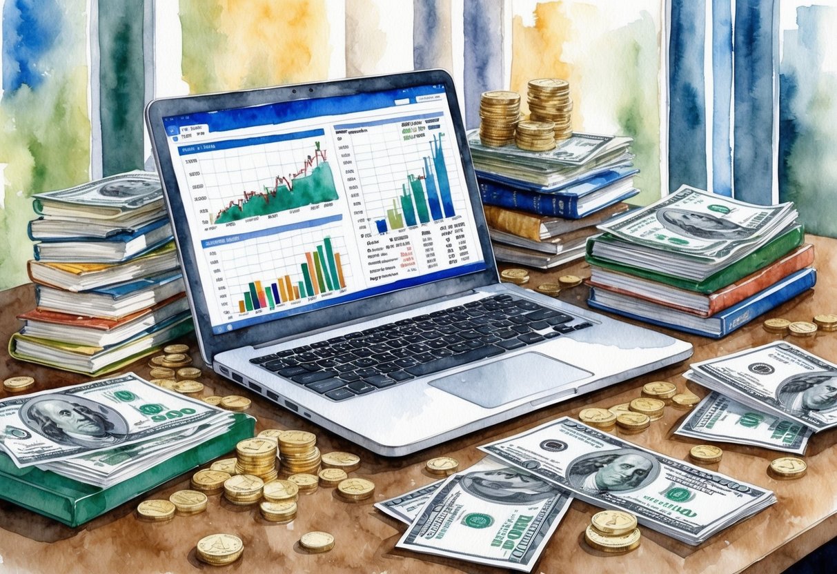 A desk cluttered with financial charts, graphs, and investment books. A laptop open to a stock portfolio page, surrounded by scattered coins and dollar bills