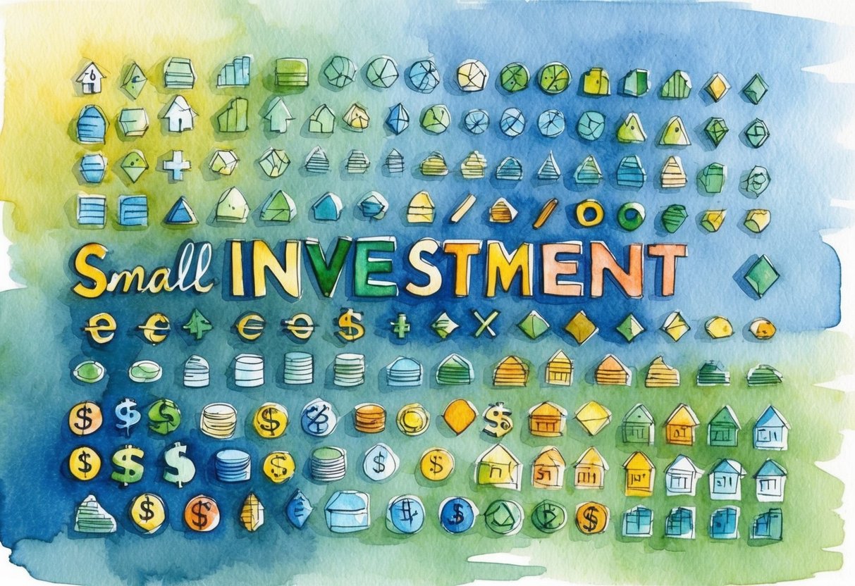 A diverse array of small investment symbols arranged in a strategic and organized manner, representing the concept of replacing a salary with a portfolio of small investments in retirement