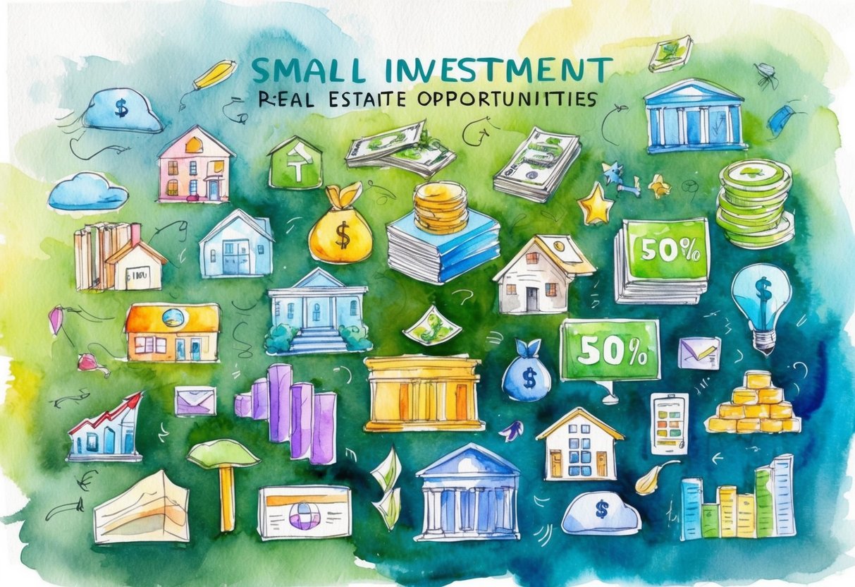 A diverse array of small investment opportunities, such as stocks, real estate, and peer-to-peer lending, are depicted in a colorful and dynamic portfolio
