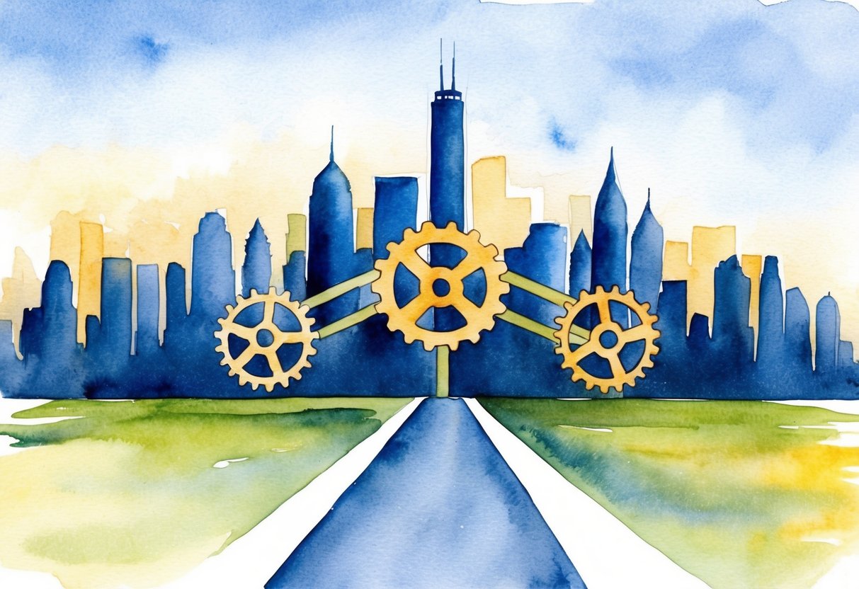 A bustling city skyline with three interconnected gears symbolizing growth and efficiency. A clear path leading to a successful business