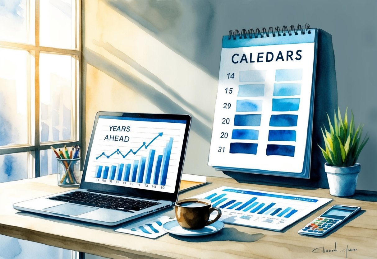 A modern office desk with a laptop, financial charts, and a cup of coffee. A calendar on the wall shows three years ahead