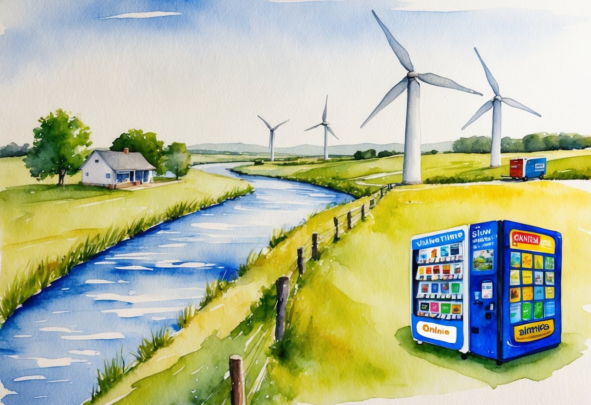 A serene countryside landscape with a flowing river, wind turbines, a rental property, a thriving online store, and a bustling vending machine
