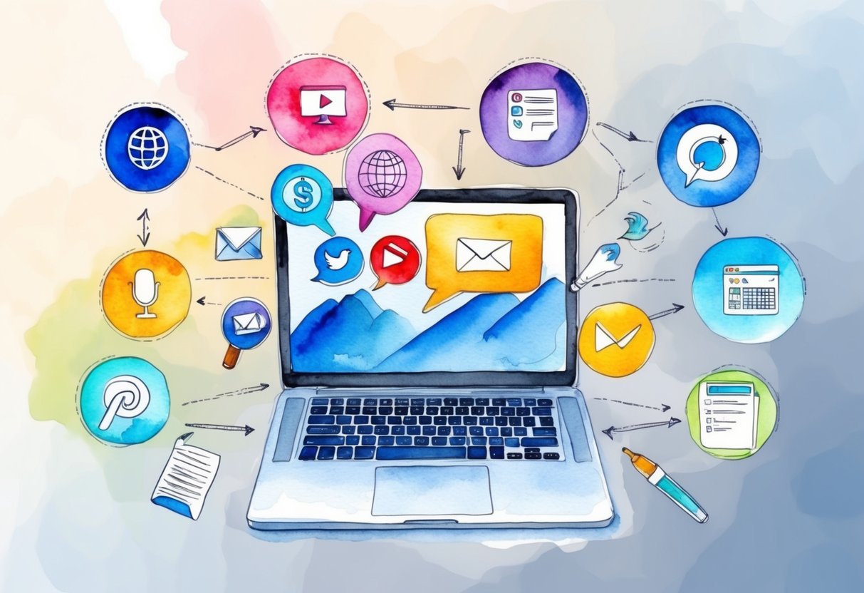A laptop surrounded by various digital marketing tools and strategies, with icons of social media, email marketing, and website optimization