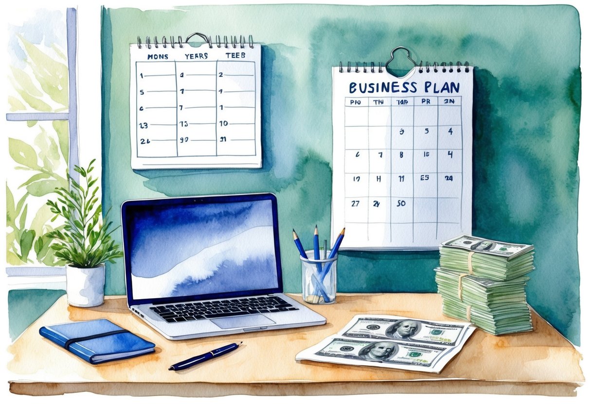 A cozy home office with a laptop, notebook, and pen on a desk. A calendar on the wall shows three years passing. A stack of money sits next to a business plan