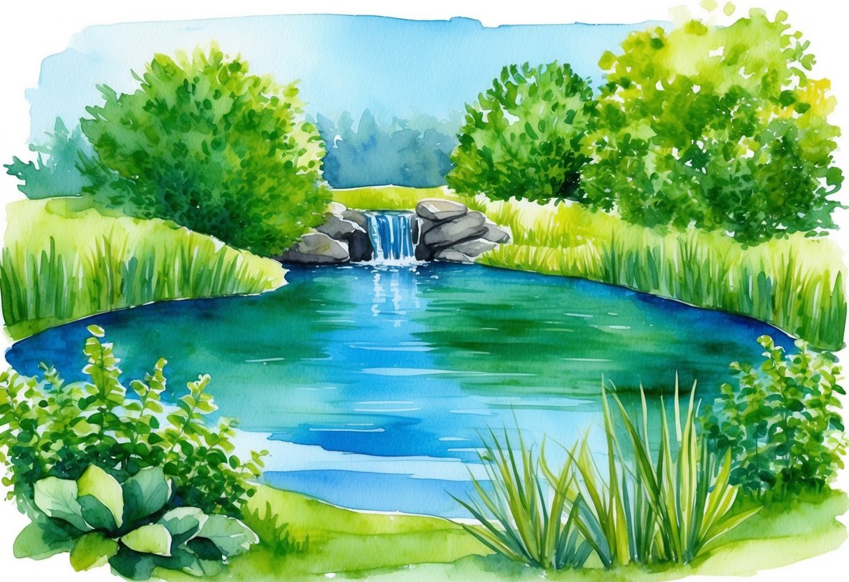A serene pond surrounded by lush greenery, with a small waterfall in the background. A tranquil scene of nature, representing passive income streams